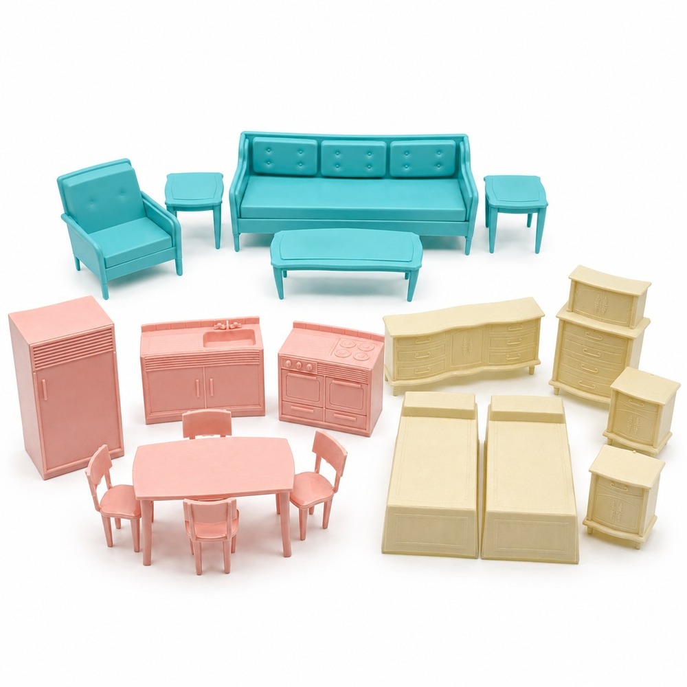 Vintage Marx Dollhouse Furniture Lot MCM 1950s Aqua Pink Bedroom Kitchen Living